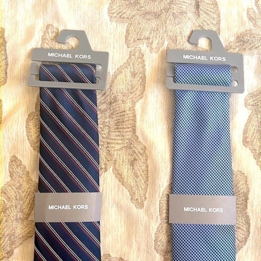 Brand New Michael Kors Set of 2 Ties Satin Sheen Stripes Blue Office Business